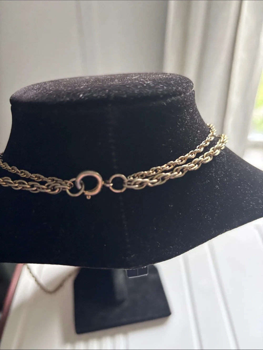 Gold-Tone Double Chain Necklace with White Bead and Tassel Pendant